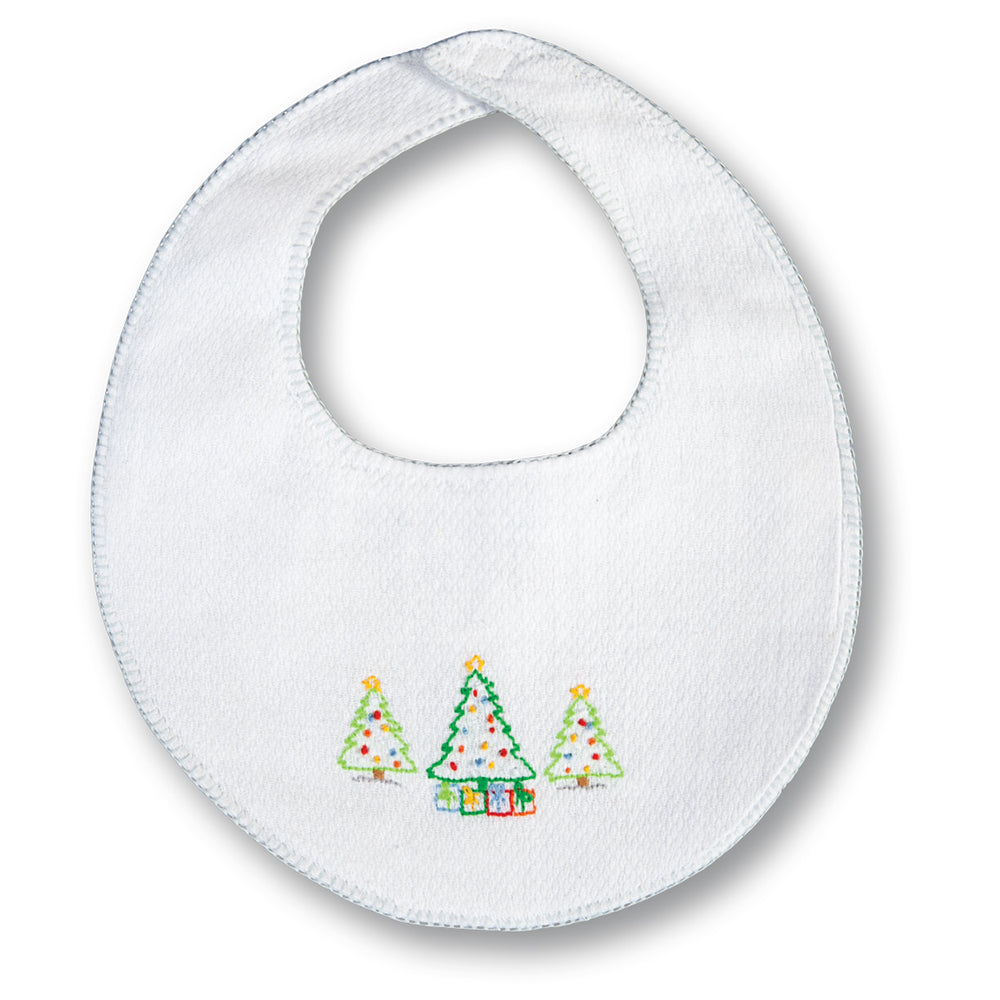 Christmas Trees White with Blue Trim Embroidered Birdseye Bib 17H 6106 BIB BL