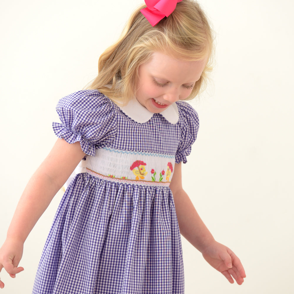 Umbrella Ducks Purple Gingham Smocked Dress w/Collar & Sash 18SU 6135 D