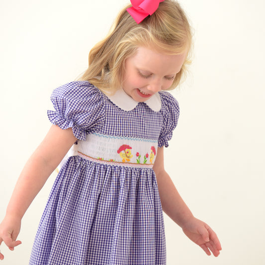 Umbrella Ducks Purple Gingham Smocked Dress w/Collar & Sash 18SU 6135 D