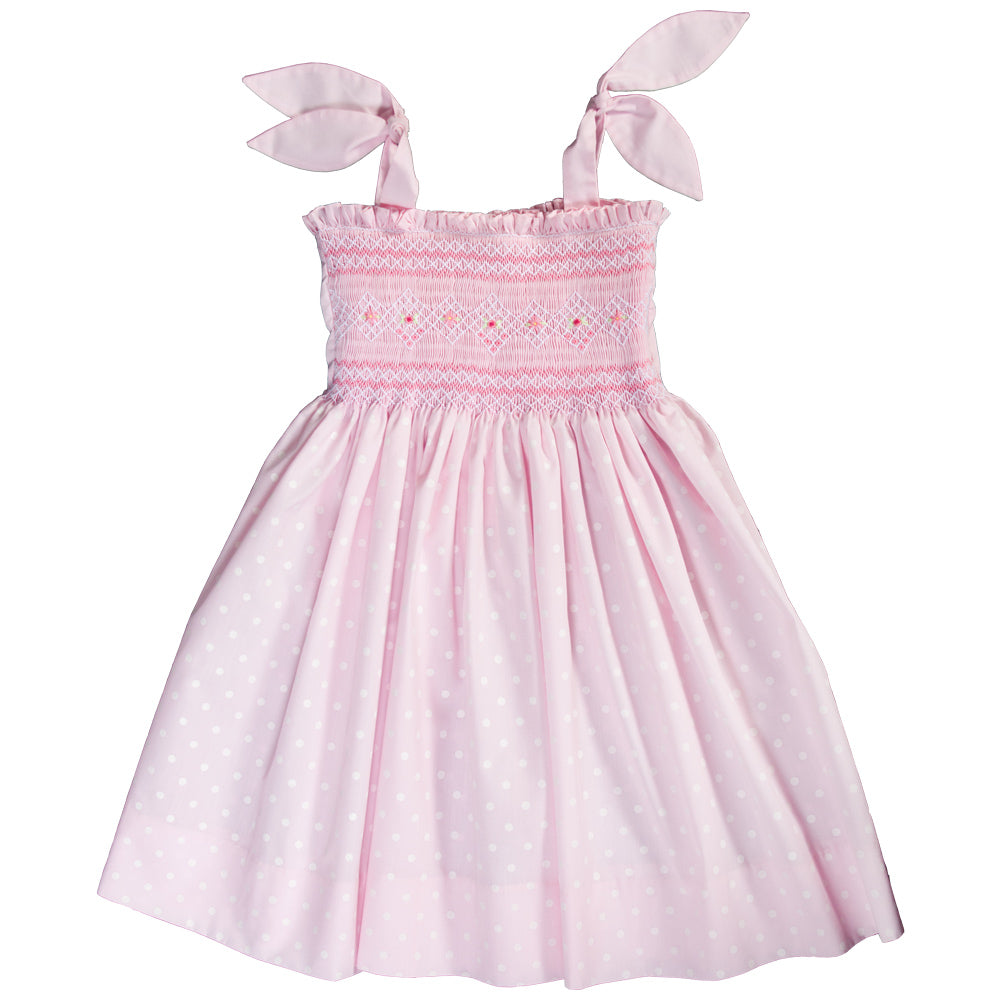 Breezy Pink White Dot English Smocked Sundress w/Tie Straps 18SU 6138 SD