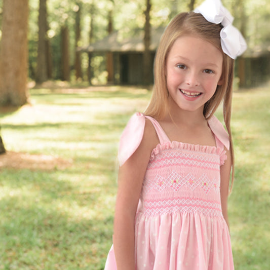 Breezy Pink White Dot English Smocked Sundress w/Tie Straps 18SU 6138 SD