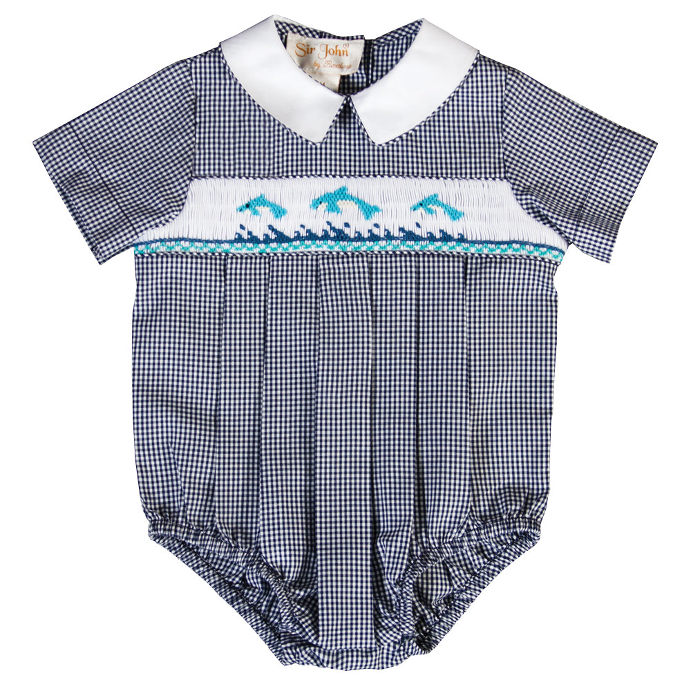 Dolphins Navy Gingham Smocked Boy Bubble 18SU 6174 BUB