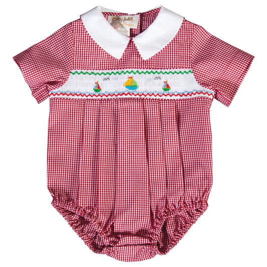 Sailboats Red Gingham Smocked Boy Bubble 18SU 6175 BUB