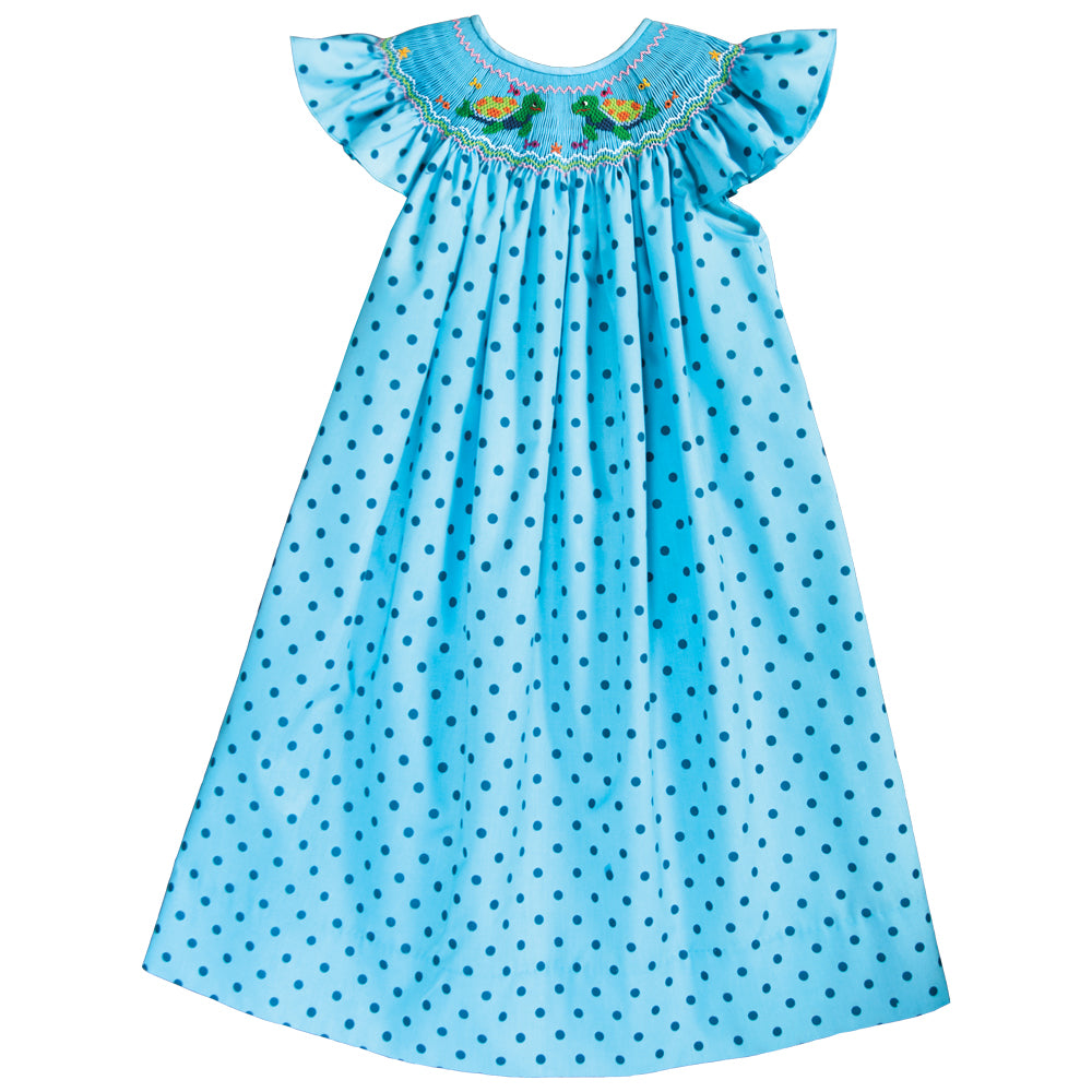 Turtle Friends Turquoise Dot Smocked Angel Sleeve Bishop 18SU 6181 A