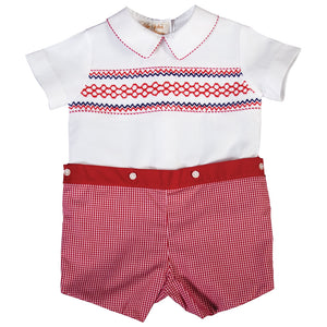 Patriot White Red Gingham Button-On Smocked Short Set 18SU 6186 SS1