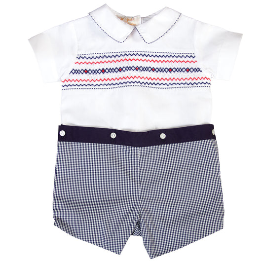 Patriot White Navy Gingham Button-On Smocked Short Set 18SU 6187 SS1