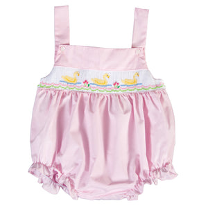 Elegant Ducks Pink Tiny Gingham Smocked Girl Bubble w/Adjustable Button Shoulder Straps 18SP 6194 BUG