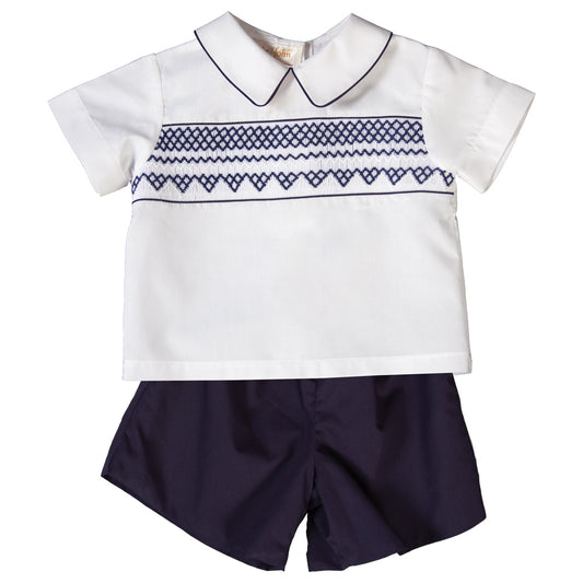 White & Navy Blue English Smocked Short Set 18F 6234 SS2