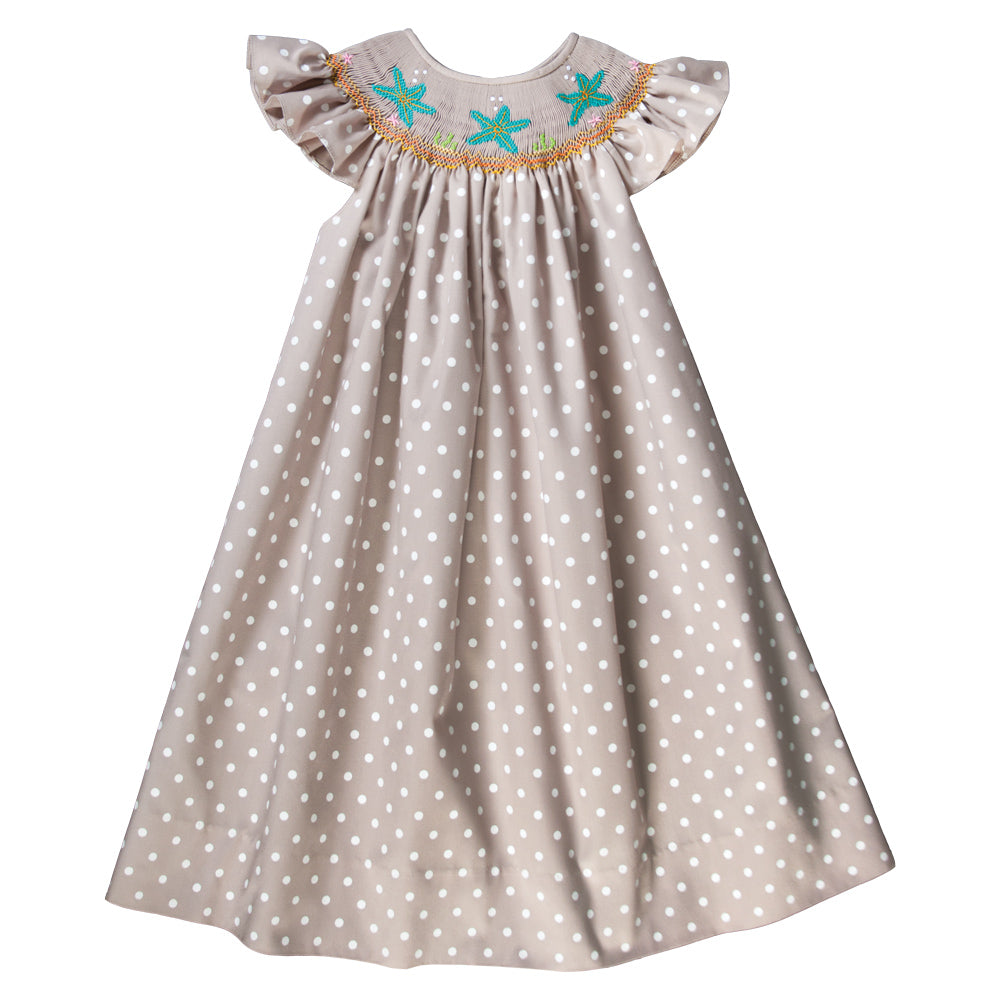 Sea Stars Tan White Dot Smocked Angel Sleeve Bishop 18SU 6255 A