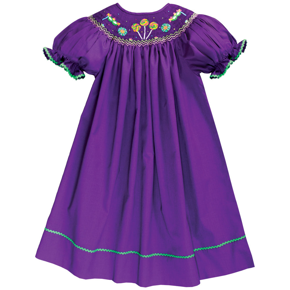 Mardi Gras Lollipops & Masks Dark Purple Smocked Bishop w/RicRac 18SP 6257 A