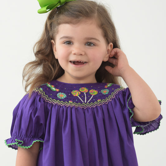 Mardi Gras Lollipops & Masks Dark Purple Smocked Bishop w/RicRac 18SP 6257 A