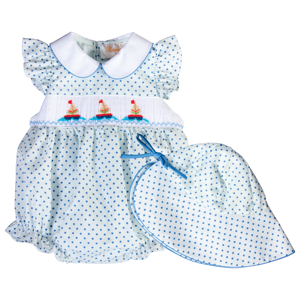 Sailboats Light Blue Dot Girl Smocked Bubble w/Collar and Matching Baby Bonnet 18SU 6259 BG