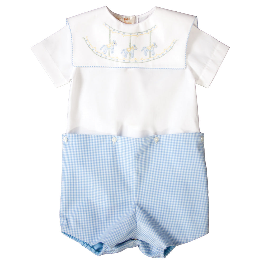 Carousel Horses Light Blue Gingham Shadow Embroidered Boy Button-On Short Set 19SP 6360 SS1
