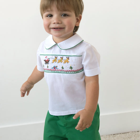 Flying Santa & Reindeer over Rooftop Smocked White Shirt & Green Pants 18H 6367 SP