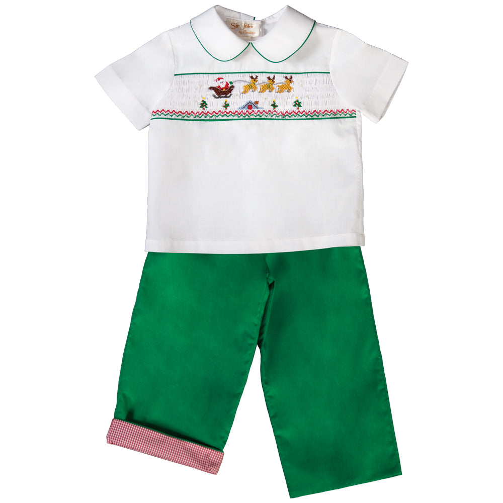Flying Santa & Reindeer over Rooftop Smocked White Shirt & Green Pants 18H 6367 SP