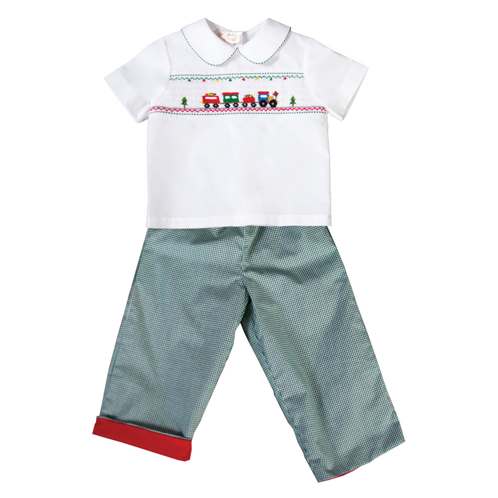 Christmas Train Smocked White Shirt & Green Gingham Pants 18H 6369 SP
