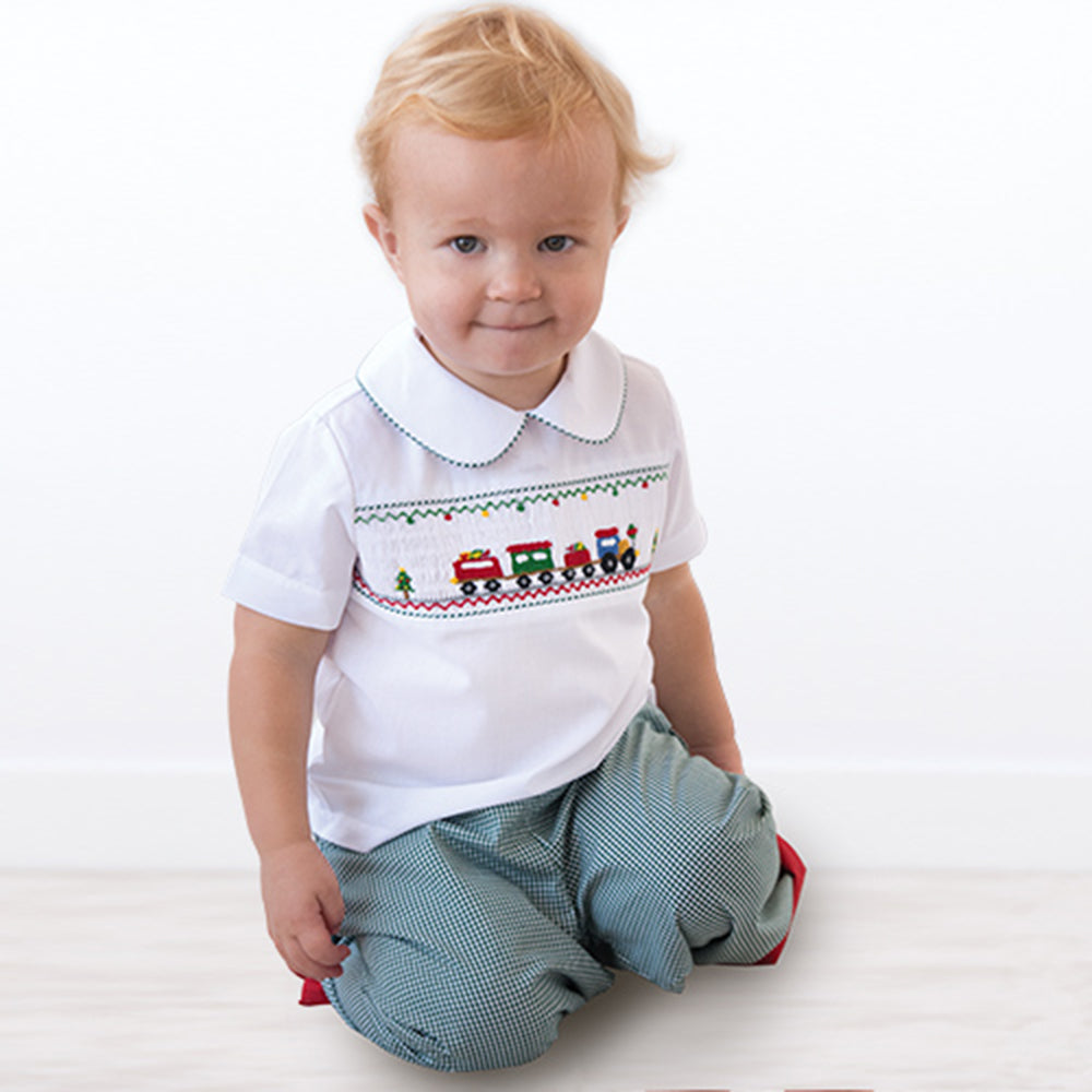Christmas Train Smocked White Shirt & Green Gingham Pants 18H 6369 SP