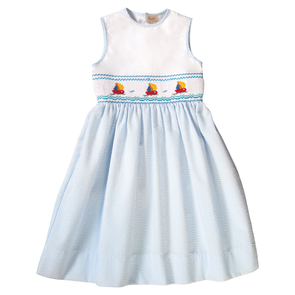 Sailboats Blue Striped Seersucker Smocked Sundress 19SU 6383 SD