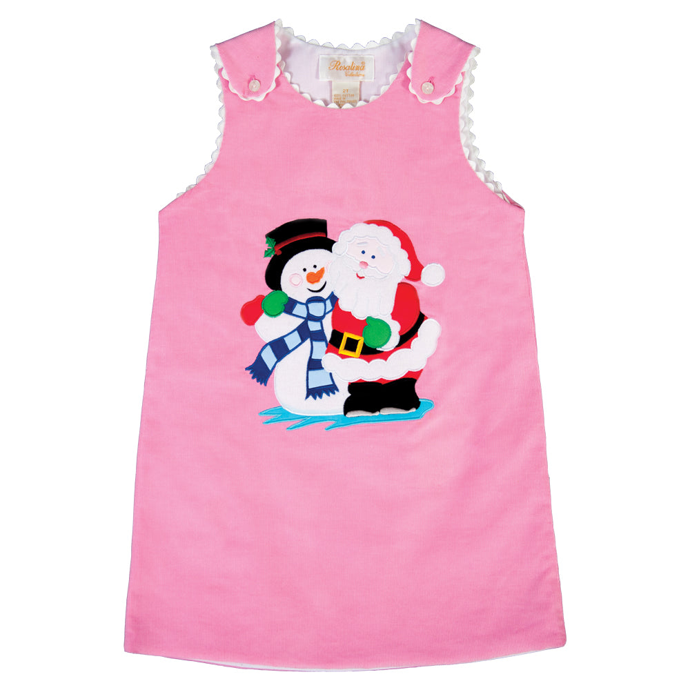Santa & Frosty Snowman Buddies Pink Corduroy Aline with RicRac 18H 6386 C