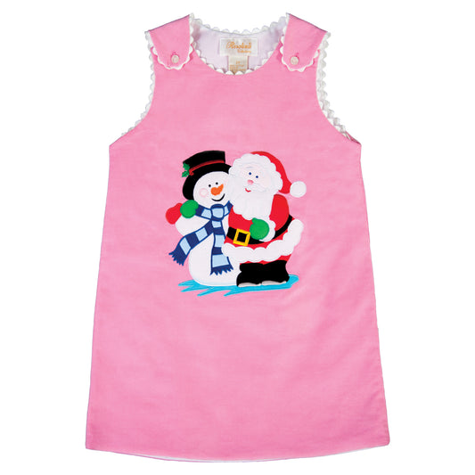 Santa & Frosty Snowman Buddies Pink Corduroy Aline with RicRac 18H 6386 C