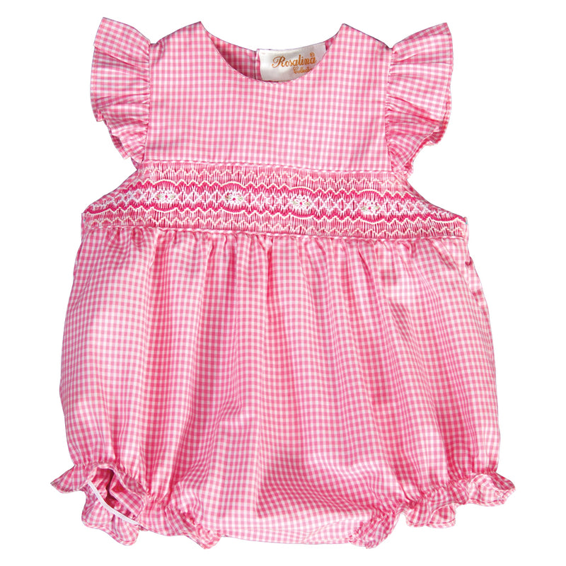 Pink Gingham English Smocked Girl Bubble with Flutter Sleeves ...