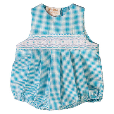 Turquoise Gingham English Smocked Seersucker Boy Bubble 19SU 6422 BUB