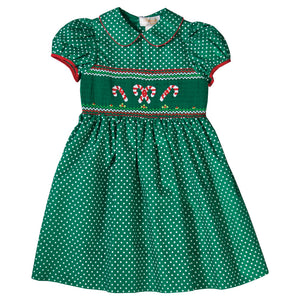 Candy Canes Green White Dotted Smocked Dress with Red Trim 18H 6434 D