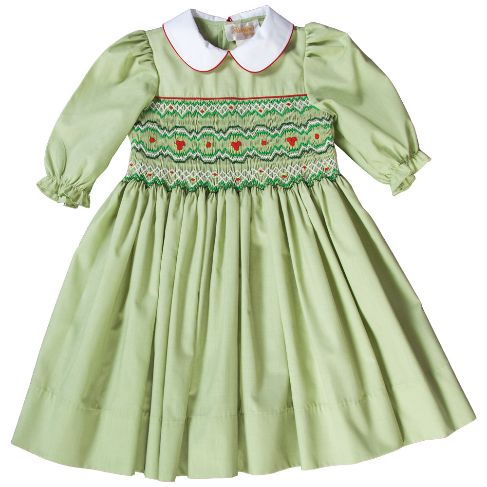 Elaine Moss Green English Smocked 3/4 Sleeve Dress with White Peter Pan Collar 18F 6442 D
