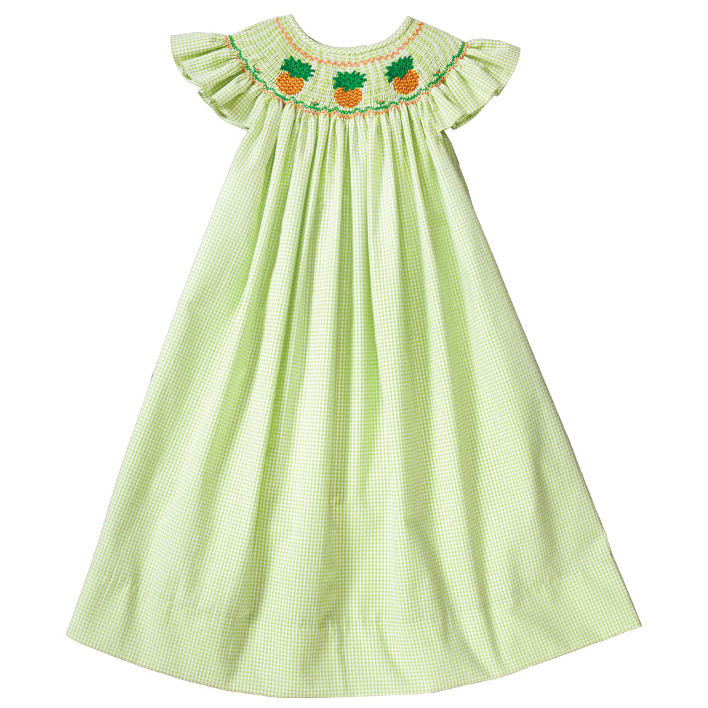 Pineapples Apple Green Gingham Seersucker Angel Sleeve Smocked Bishop 19SU 6456 A
