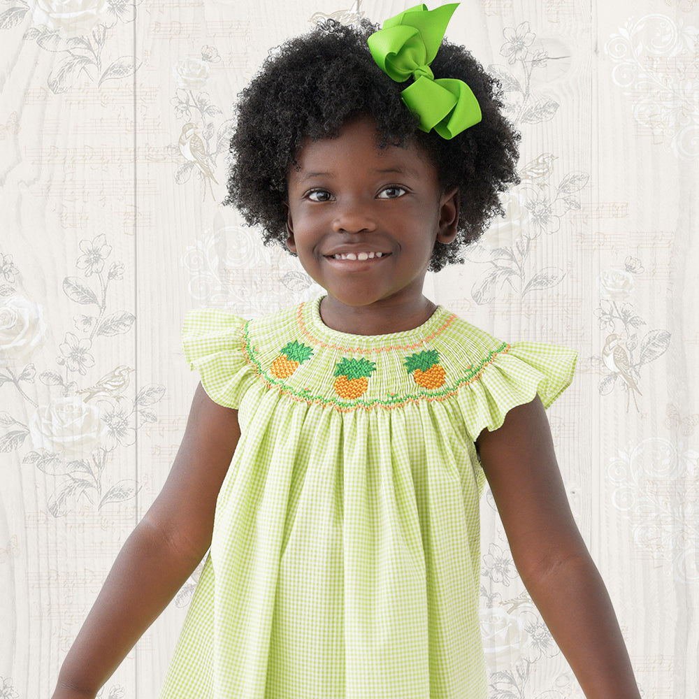 Pineapples Apple Green Gingham Seersucker Angel Sleeve Smocked Bishop 19SU 6456 A