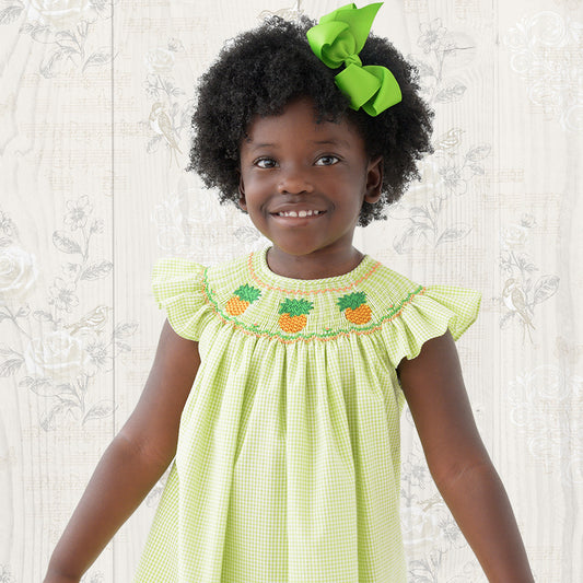 Pineapples Apple Green Gingham Seersucker Angel Sleeve Smocked Bishop 19SU 6456 A