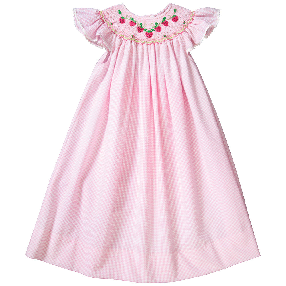 Strawberries Vine Pink Gingham Seersucker Smocked Bishop with RicRac 19SU 6457 A