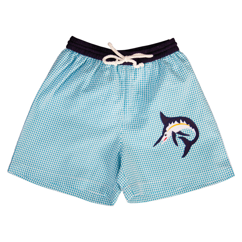 Blue Marlin Applique Turquoise Gingham Seersucker Boy Swim Shorts 19SU 6459 SW1