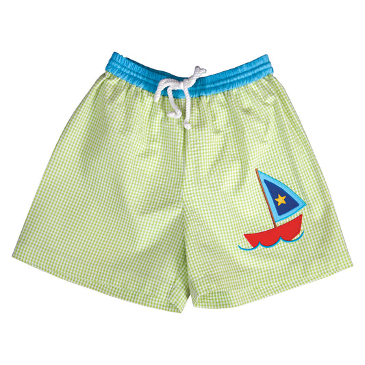 Sailboat Applique Apple Green Gingham Seersucker Boy Swim Shorts 19SU 6460 SW1