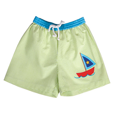 Sailboat Applique Apple Green Gingham Seersucker Boy Swim Shorts 19SU 6460 SW1