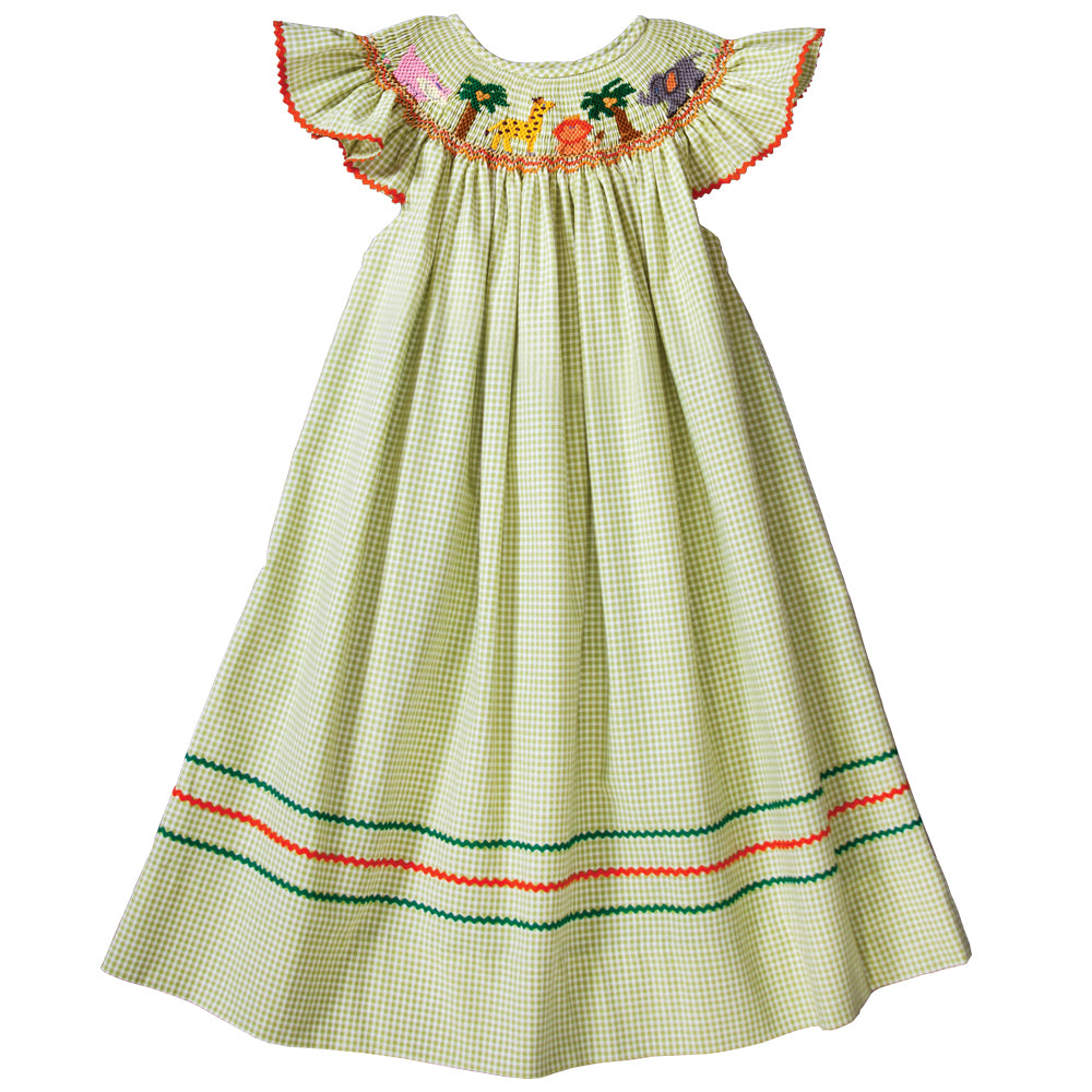 Safari Animals & Coconut Trees Moss Green Gingham Smocked Bishop with Angel Sleeves and RicRac 19SU 6483 A