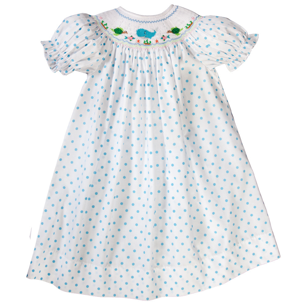 Whale Aqua Blue Dotted Smocked Bishop 19SU 6508 A