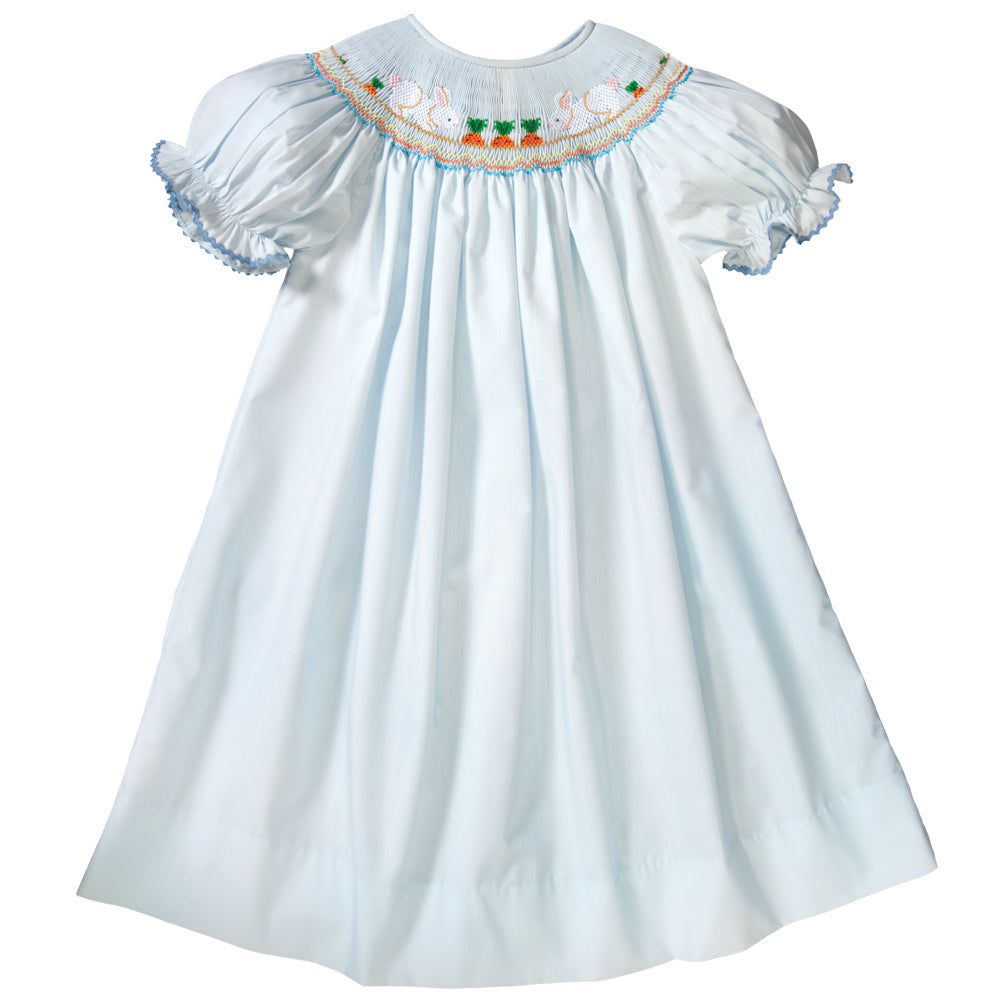 Bunnies & Carrot Garden Light Blue Smocked Bishop w/RicRac 19SP 6521 A