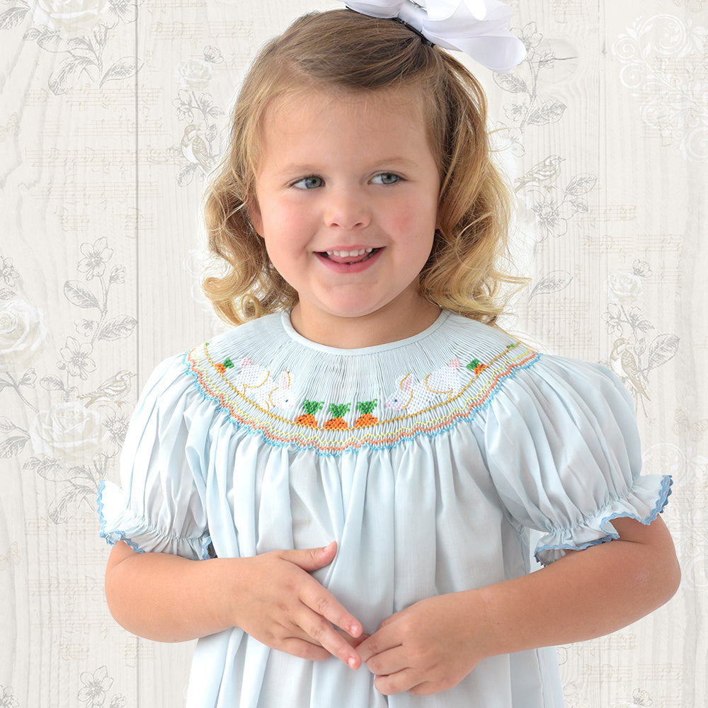 Bunnies & Carrot Garden Light Blue Smocked Bishop w/RicRac 19SP 6521 A