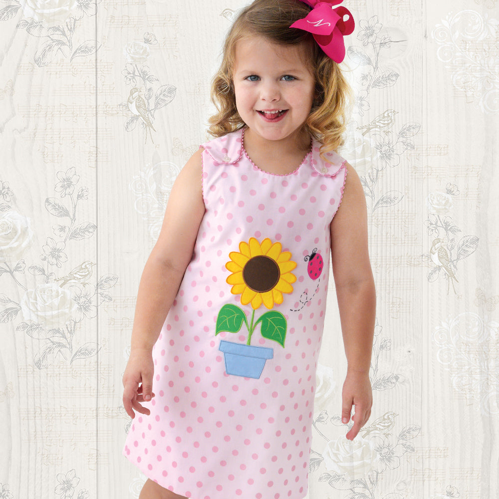 Sunflower & Ladybug Applique Pink Dotted Aline with RicRac 19SU 6529 C