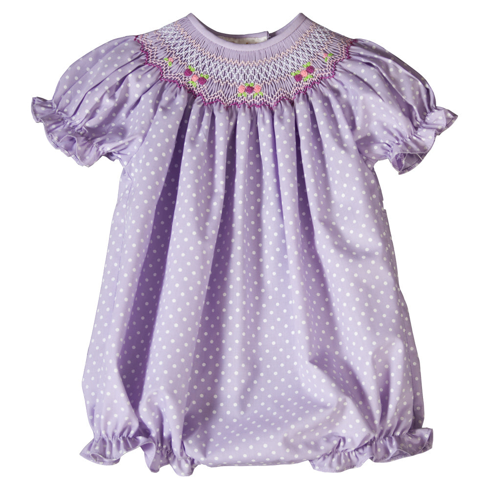Lavender White Dotted English Smocked Girl Bubble 19SP 6542 BUG