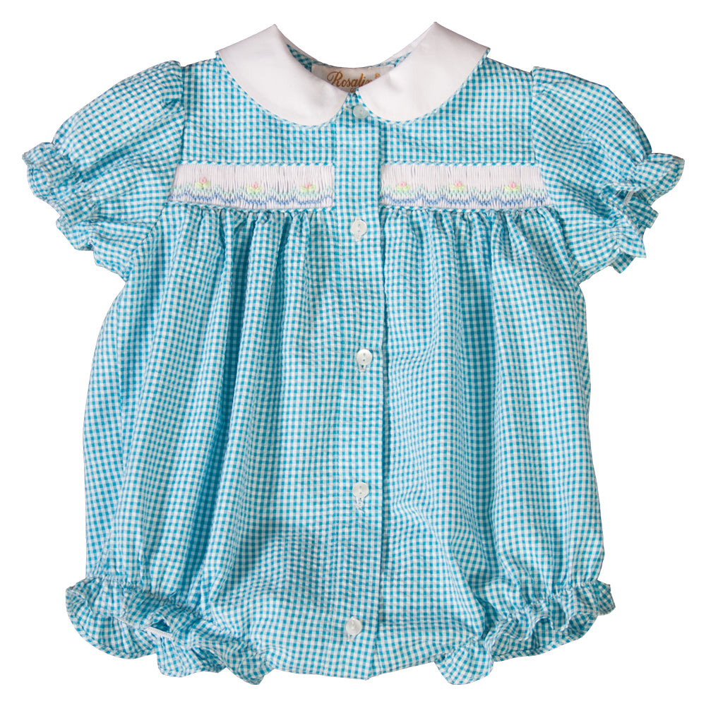 Turquoise Gingham Seersucker English Smocked Girl Bubble with White Collar 19SP 6551 BUG