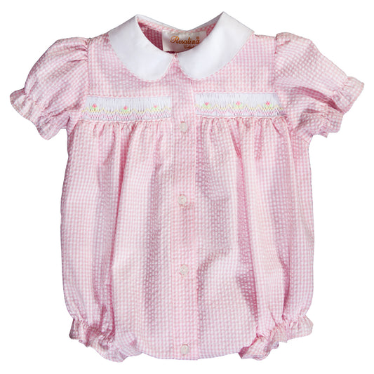 Pink Gingham Seersucker English Smocked Girl Bubble 20SP 6551 BUG