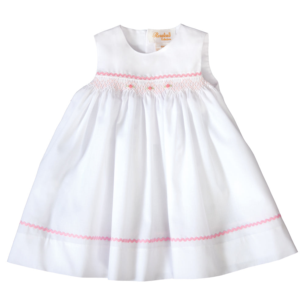 Amelia White Sundress with Pink English Smocking and RicRac 19SU 6554 SDPK