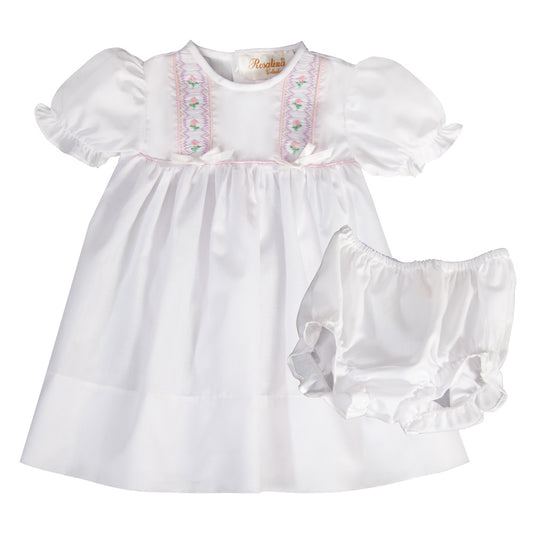 Savannah White English Smocked Baby Dress with Ribbons and Matching Panties 19SP 6559 D