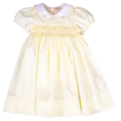 Julia Light Yellow English Smocked and Feather Stitched Baby Dress with White Collar 19SP 6567 D