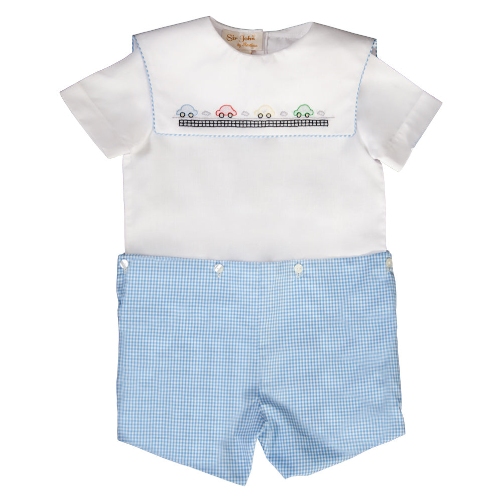 Cars Blue Gingham Shadow Embroidered Button-On Short Set 19SU 6577 SS1