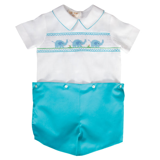 Elephant Smocked Turquoise Button-on Short Set 19SU 6594 SS2