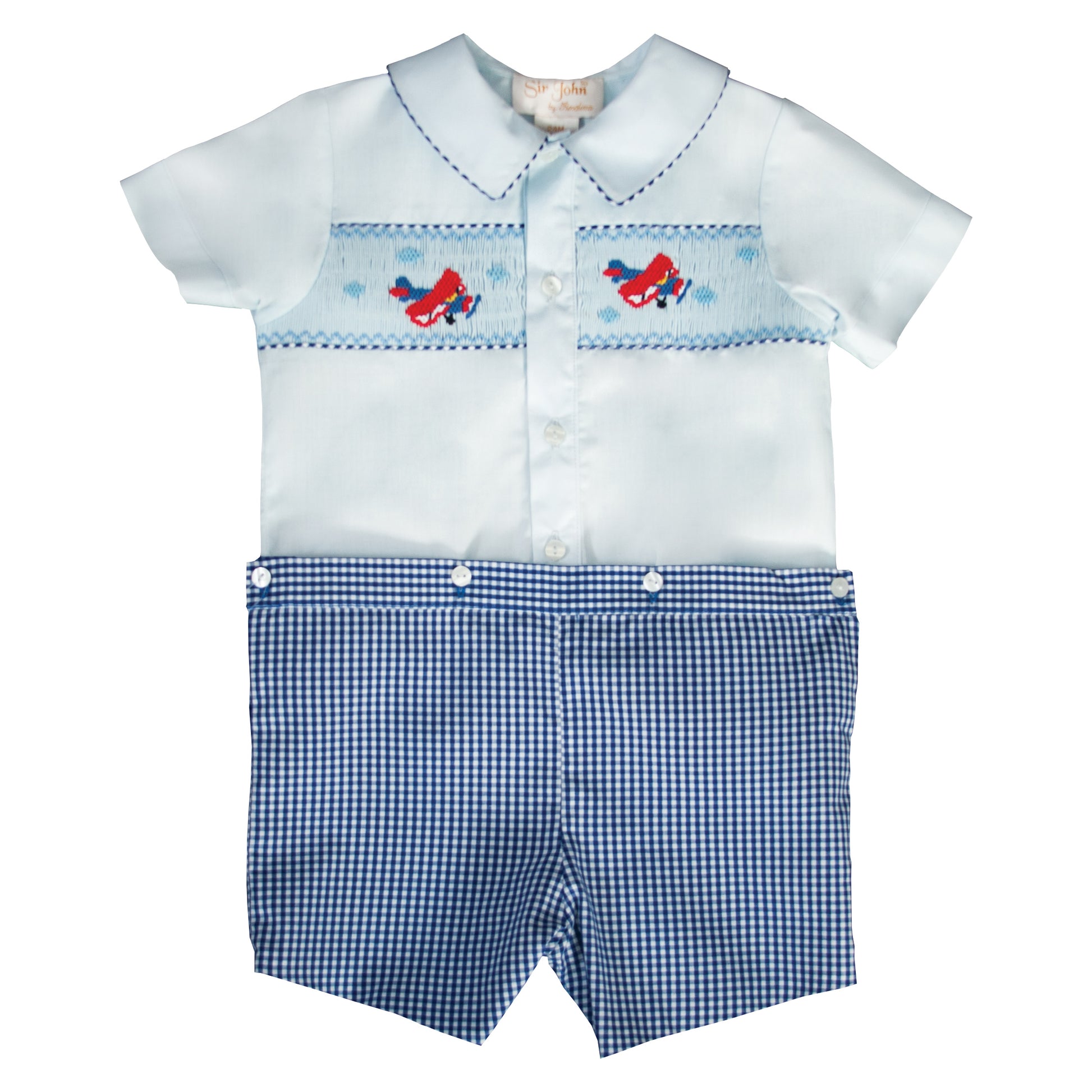 Airplanes Light Blue & Navy Gingham Smocked Button-On Short Set 19SU 6595 SS2