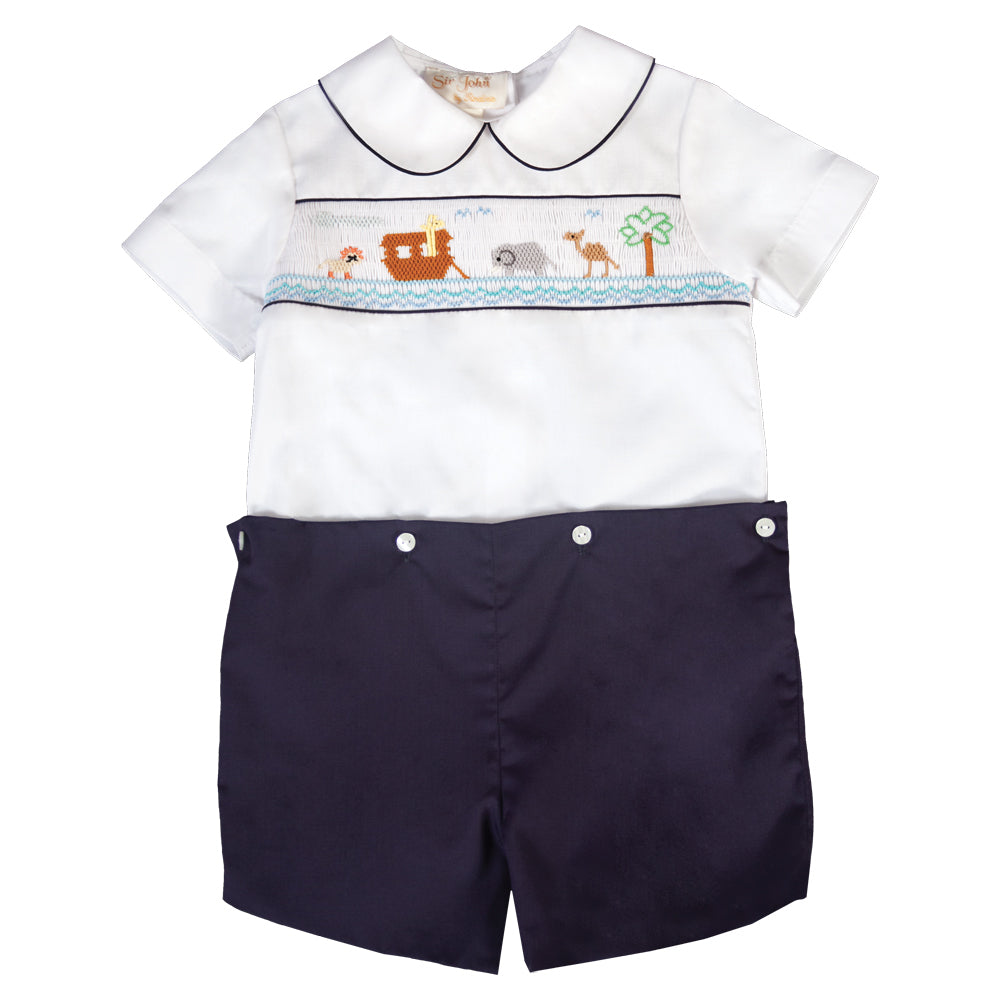 Noah's Ark White/N.Blue Smocked Button-On Short Set 19F 6596 SS1